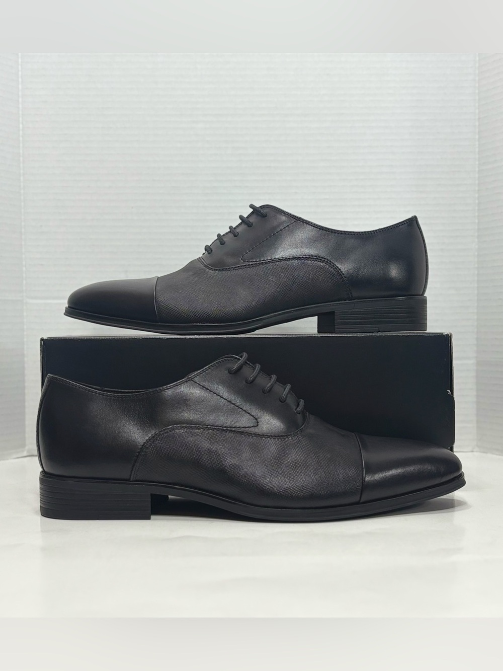 Size 10 Men Calvin Klein Men’s Drew Almond Toe Black Dress Shoes CMDREW NEW